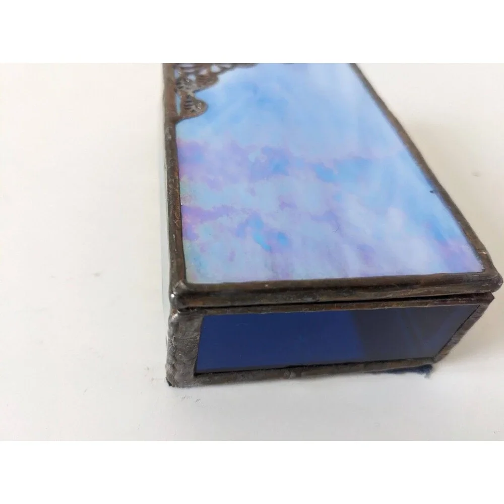 Vintage Stained Glass Brass Trinket Jewelry Box Blue With Mirrored Bottom Flower